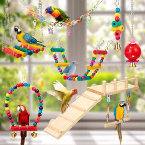 Sonwyoung 12 Pcs Parrot Swing Toys and Wooden Bird Perches Platform with Climbing Ladder Colorful Chewing Standing Hanging Parakeet Toy Bird Cage Accessories for Budgerigar Cockatiel Conure Love Birds