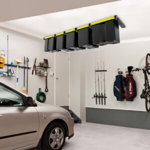 BEAMNOVA Overhead Garage Storage Rack,Heavy Duty Garage Ceiling Storage Racks Garage Tote Storage System,Ceiling Bin Rails Storage,Tote Storage Rack for Garages, Sheds, Storerooms(6 PCS, for 5 Bins)