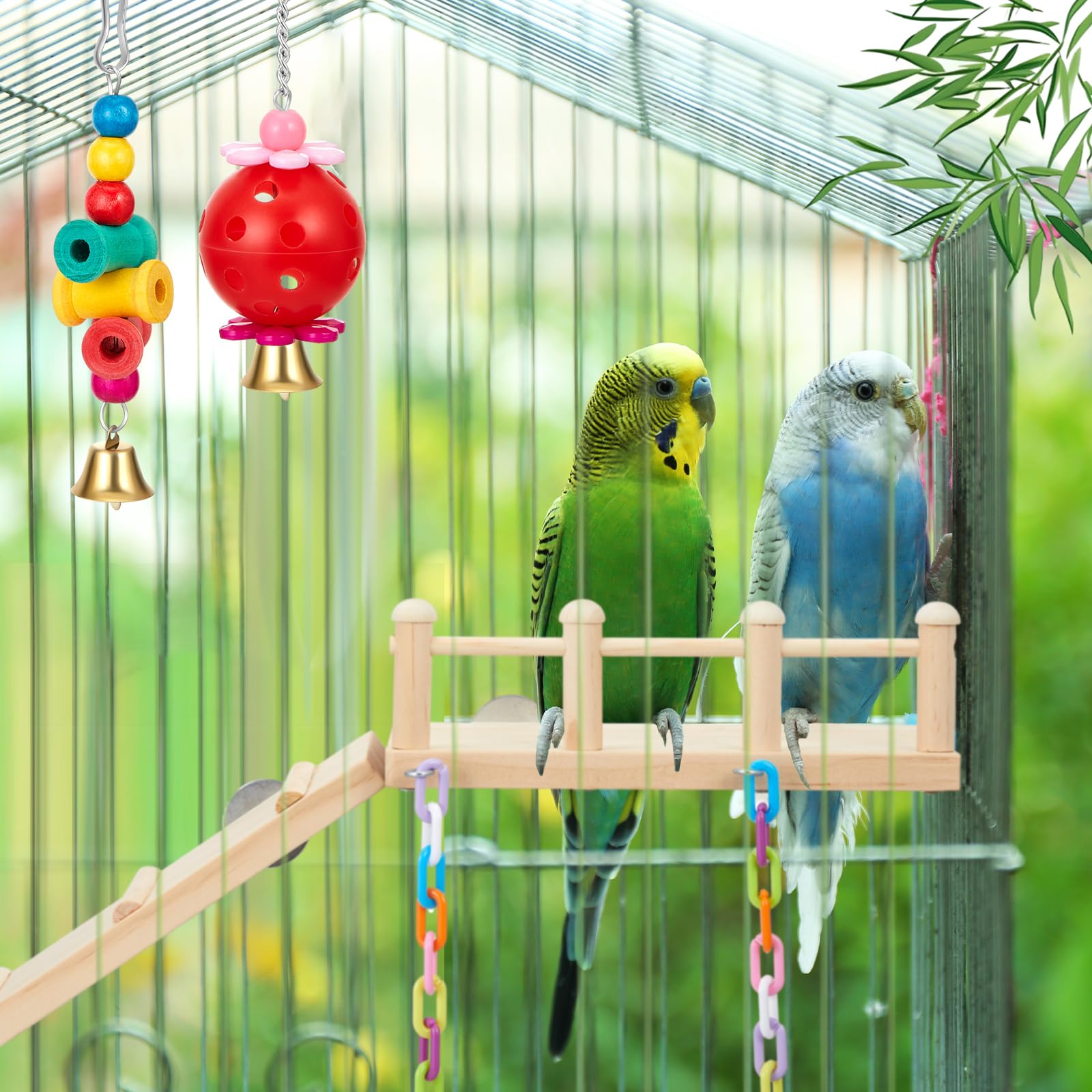 Sonwyoung 12 Pcs Parrot Swing Toys and Wooden Bird Perches Platform with Climbing Ladder Colorful Chewing Standing Hanging Parakeet Toy Bird Cage Accessories for Budgerigar Cockatiel Conure Love Birds