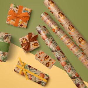 WRAPAHOLIC Kraft Fall Wrapping Paper - Mini Roll - 3 Rolls - 17 Inch x 120 Inch - Pumpkin, Hedgehog and Thanksgiving Lettering Design for Thanksgiving, Autumn, Party, Holiday