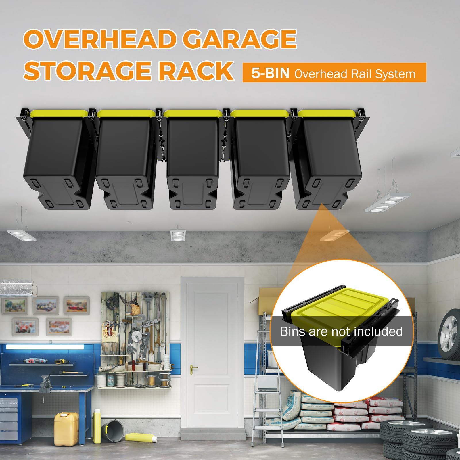 BEAMNOVA Overhead Garage Storage Rack,Heavy Duty Garage Ceiling Storage Racks Garage Tote Storage System,Ceiling Bin Rails Storage,Tote Storage Rack for Garages, Sheds, Storerooms(6 PCS, for 5 Bins)