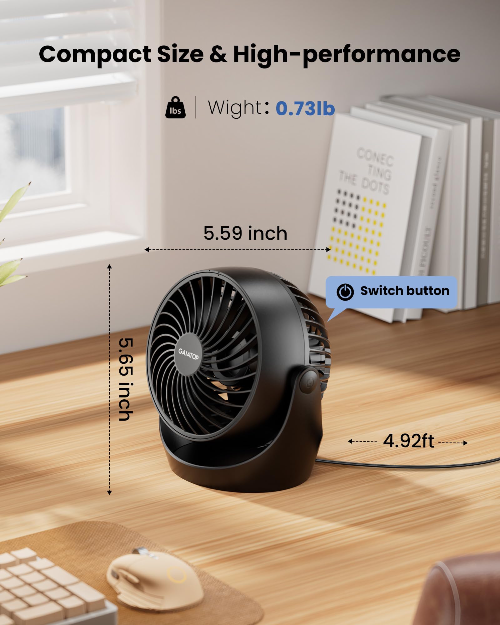 Gaiatop Air Circulator Fan, Portable Desk Fan Table Fan Dorm Fan, 5-Inch Small Fan 3 Speed with 360° Adjustable Tilt Energy-Saving Quiet Fan for Home, Office, Bedside, Bedroom, Bathroom