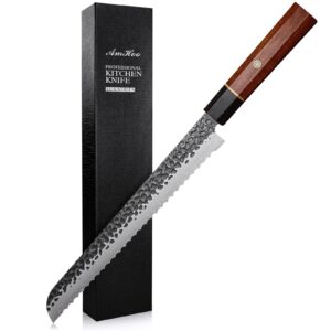 amhoo bread knife 10-inch 9cr18mov high carbon stainless steel professional hand forged ultra sharp serrated handle rosewood for homemade bread cake christmas gifts