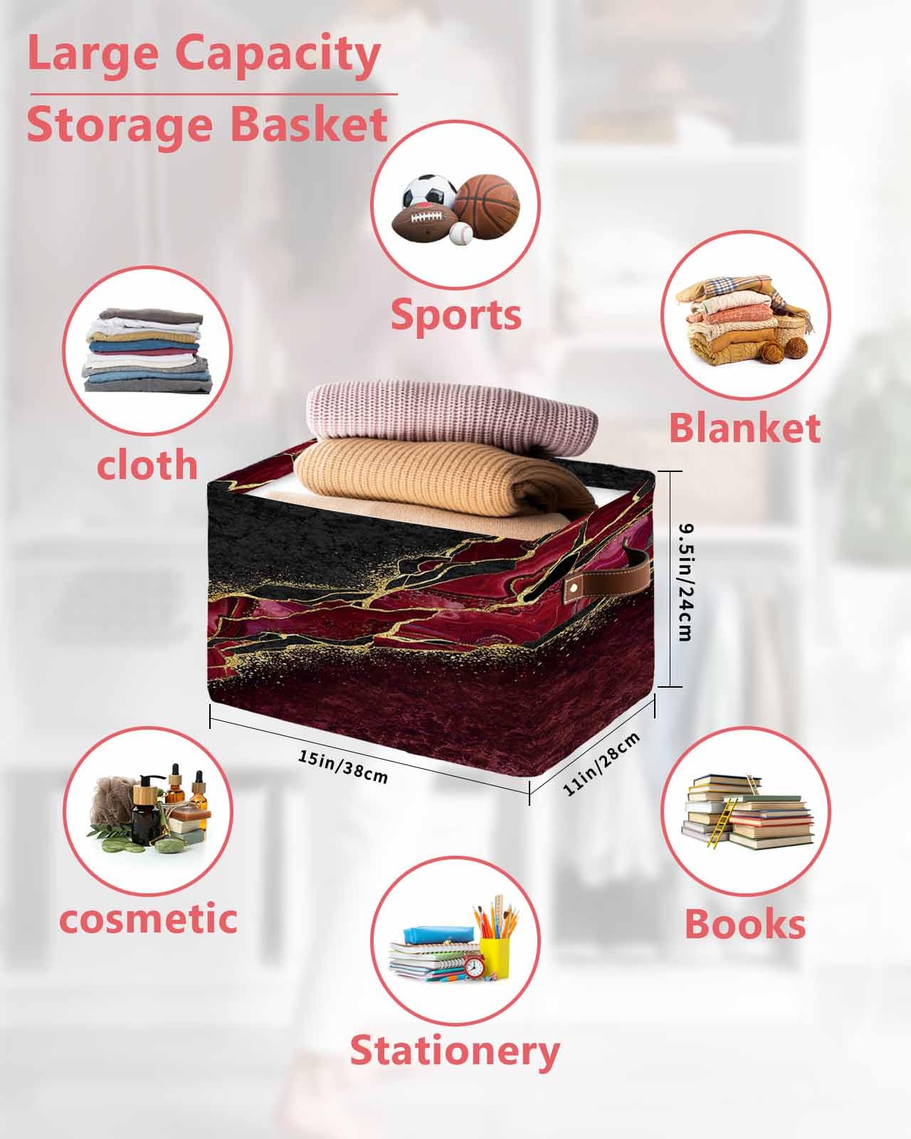 Abstract Storage Basket Red Large Foldable Storage Bins with Handles Marble Burgundy Black Malachite Gold Veins Waterproof Fabric Laundry Baskets for Organizing Shelves Closet Toy Gifts Bedroom Decor