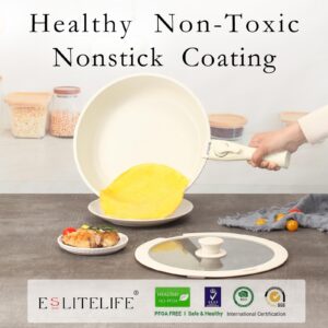 ESLITE LIFE Nonstick Skillet Set with Lids & Detachable Handle, Healthy Granite Coating Egg Omelette Pan,Stackable Cookware for Campers,Oven Safe,PFOA Free (White, 7 Pcs Skillet Set)