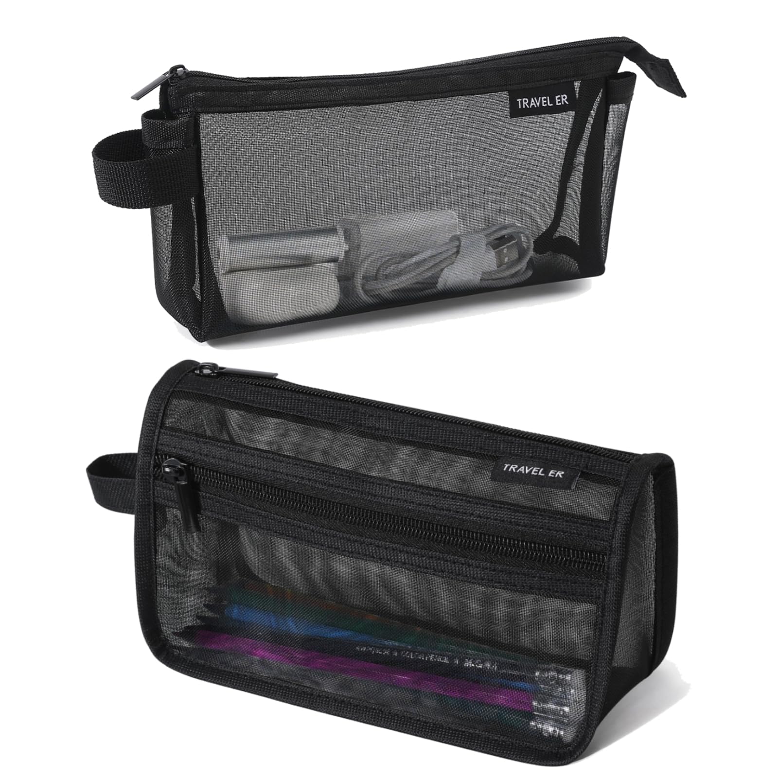 2-Pack Grid Mesh Pencil Case with Handle and Zipper, Double Layer Clear Large Capacity Pencil Pouch, Travel Makeup Bag and Small Toiletry Bag for Purse, College Essentials School Supplies (Black)