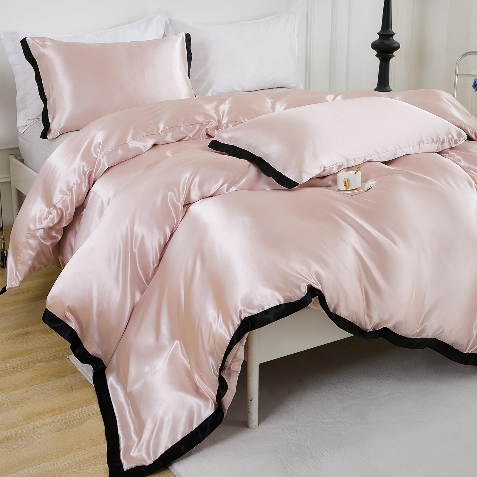 Pink Satin Duvet Cover Set Extra Comfy Silky Bedding Set Black Fringe Elegant Design Soft Smooth Luxury Silk Like Satin Queen Duvet Cover Set