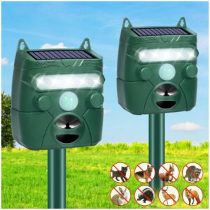 2 pcs solar ultrasonic animal repellent 2024 deer repellent devices with flash light motion sensor alarm for cat squirrel dog raccoon skunk deer rabbit, safe cat deterrent outdoor for lawn yard