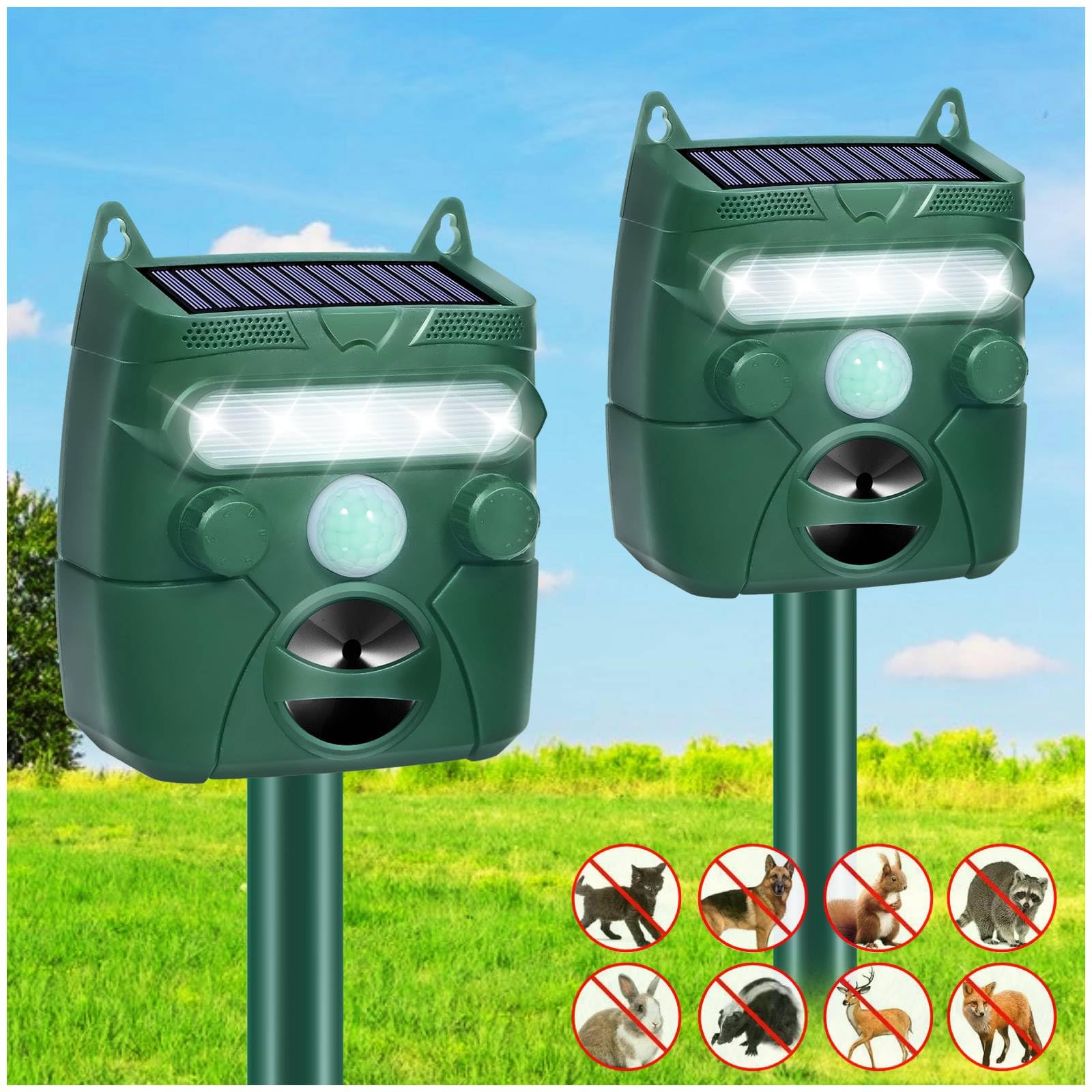 2 Pcs Solar Ultrasonic Animal Repellent 2024 Deer Repellent Devices with Flash Light Motion Sensor Alarm for Cat Squirrel Dog Raccoon Skunk Deer Rabbit, Safe Cat Deterrent Outdoor for Lawn Yard