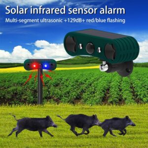 Solar Indoor Outdoor Motion Sensor Alarm,WONFAST 129db Dual Loud Siren Solar Infrared Induction Alarm Red Blue Flash Warning Security Strobe Light 4 Modes for Farm Yard Orchard Barn (Green)