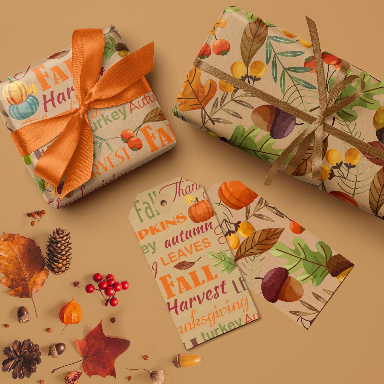 WRAPAHOLIC Kraft Fall Wrapping Paper - Mini Roll - 3 Rolls - 17 Inch x 120 Inch - Pumpkin, Hedgehog and Thanksgiving Lettering Design for Thanksgiving, Autumn, Party, Holiday