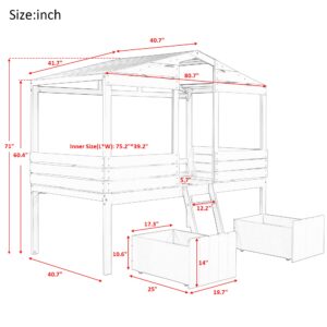 Bellemave House Twin Bed for Kids, Low Loft Bed with 2 Storage Drawers, Twin Size Low Loft House Bed with Roof and Windows, Playhouse Bed for Boys Girls, No Box Spring Needed (Gray)