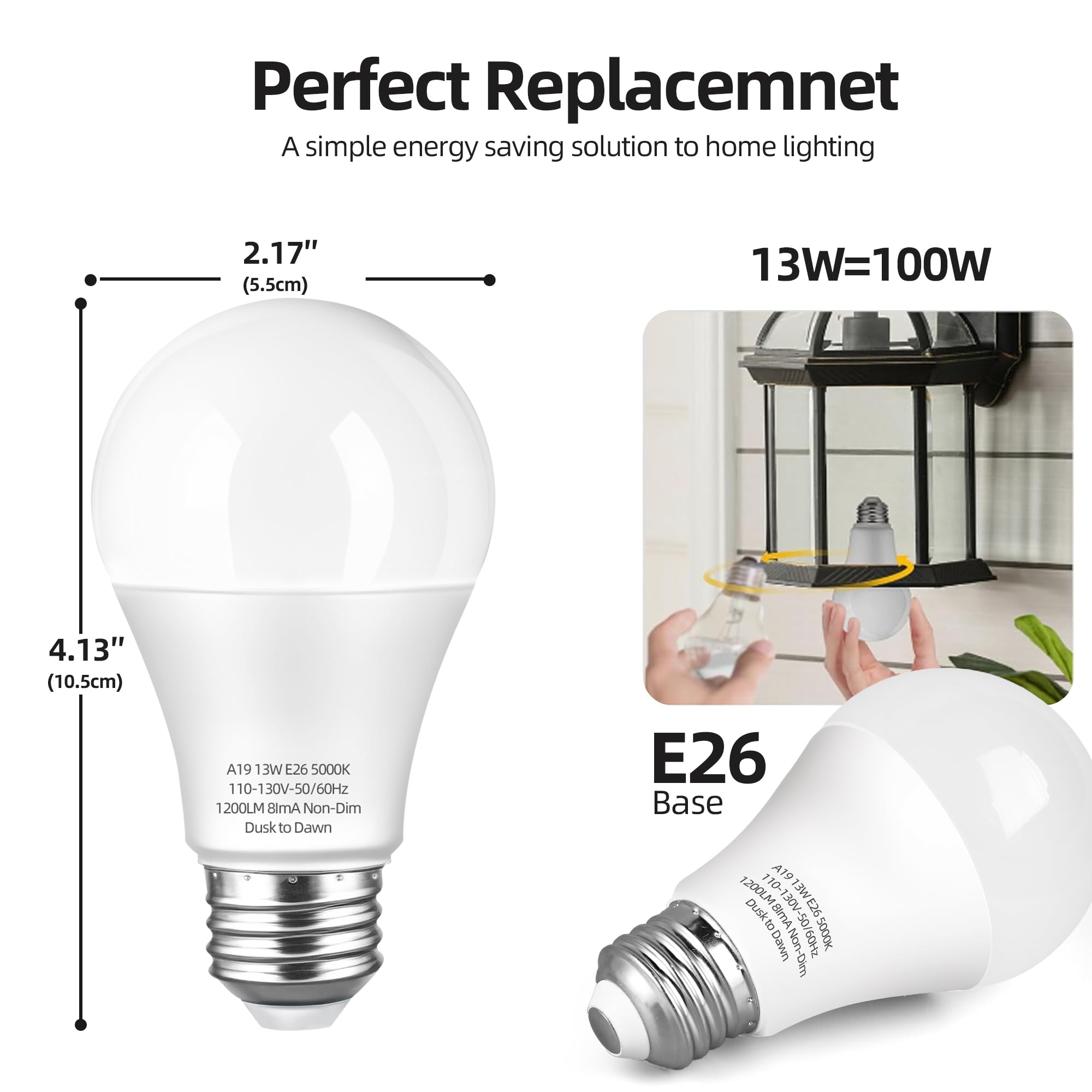 Dusk to Dawn LED Outdoor Light Bulb 100 Watt Equivalent, 13W Automatic On/Off Sensor Light Bulb Daylight 5000K, 1200LM, A19 Dusk to Dawn Light Bulbs for Porch Garage Outdoor Lighting, 4 Pack