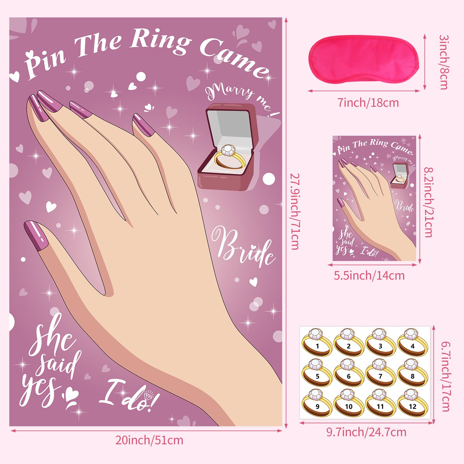 Pin The Ring on The Bride Game Bridal Shower Games, Large Bridal Games Poster with 48 Stickers for Wedding Shower Bachelorette Party Games Girls Night Engagement Bachelorette Party Decorations