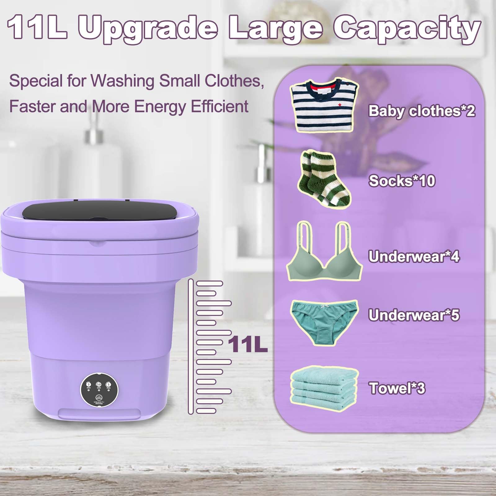 Portable Washing Machine, Foldable Mini Washing Machine with Spin Dryer, 11L Large Capacity, Small Collapsible Laundry Washer for Apartment, Travel, RV, Underwears, Socks, Baby Clothes (Purple)