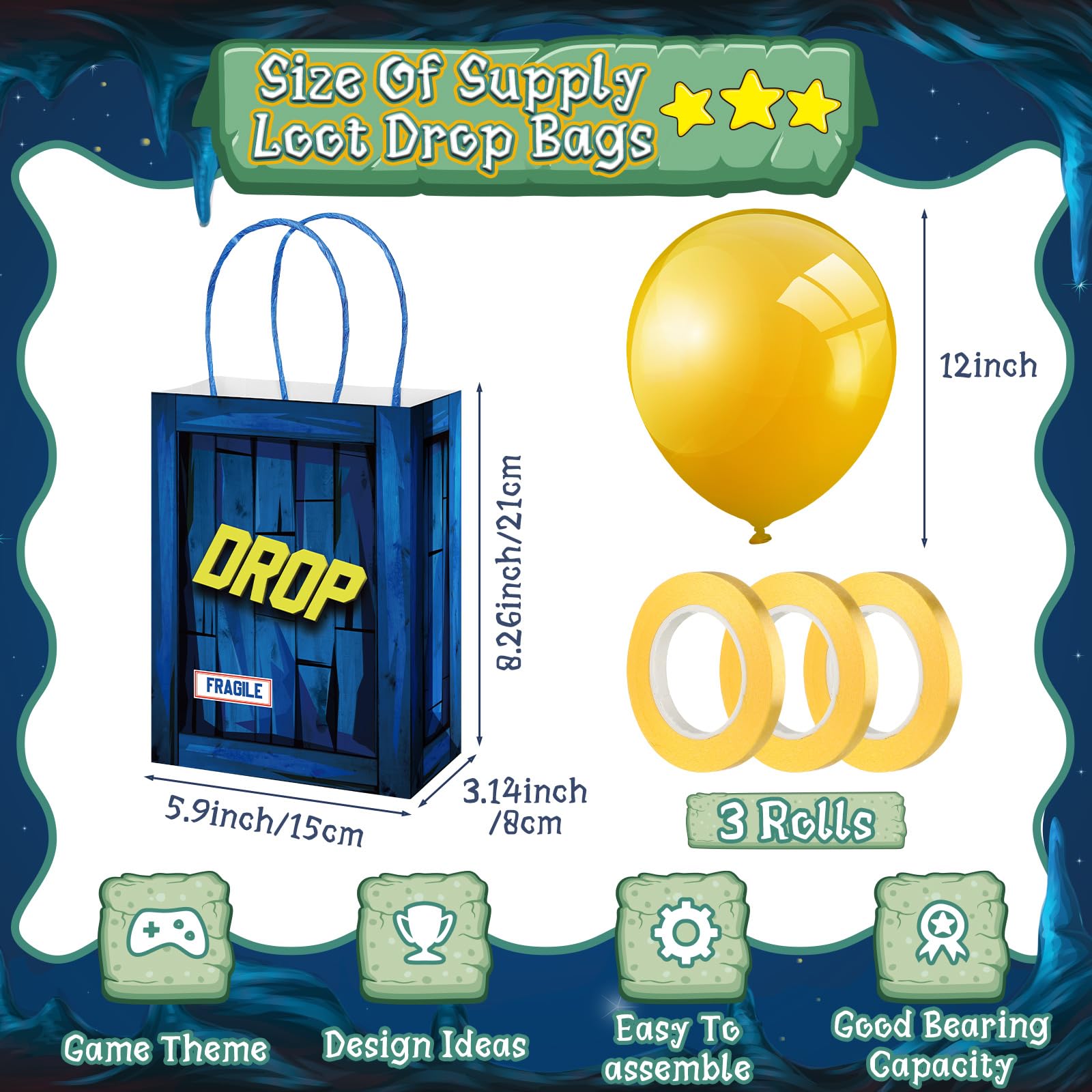 VercanMonth 24 Set Game Party Military Supply Loot Drop Box Party Favors with Yellow Balloon and Ribbon Battle Gifts Bags for Gamers Gaming Themed Birthday Party Supply