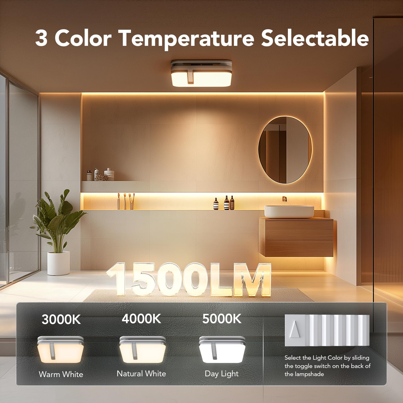 OREiN Bathroom Exhaust Fan with Light, 30W Exhaust Fan with Humidity Sensor, 80/110 CFM 0.8/1.0 Sone Bathroom Vent Fan with Light for Home, 1500lm LED Light 3000K/4000K/5000K Selectable & Nightlight