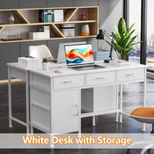 Korfile White Desk with Storage Cabinet and 3 Fabric Drawers, 39 Inch Home Office Desk for Writing Study Gaming, Small Computer Table with Storage Space, Modern Vanity Desk for Bedroom