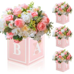 4 pcs baby shower flower boxes table centerpieces decoration pink baby block floral holder centerpiece baby in bloom gender reveal birthday party decors table display its a girl its a boy