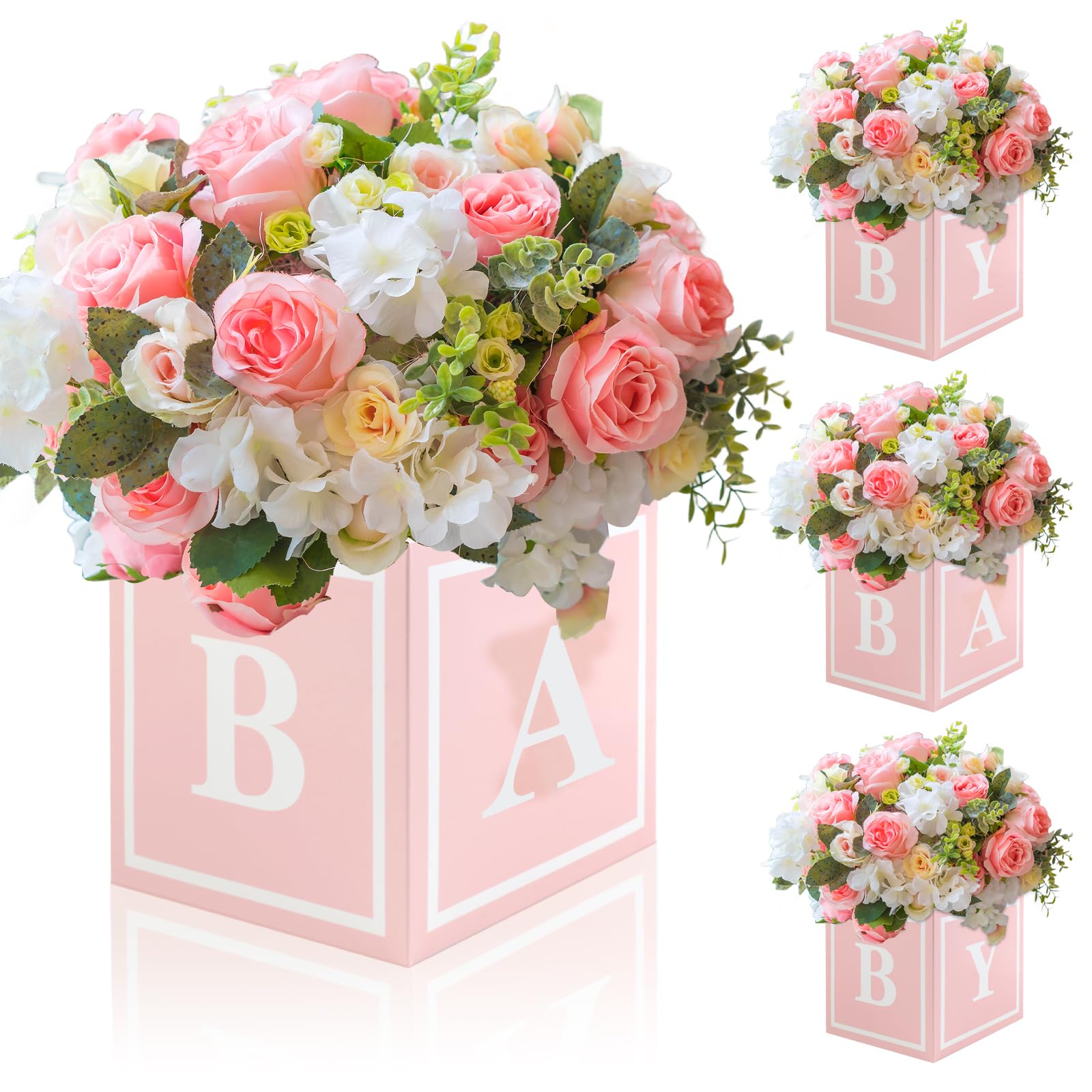 4 Pcs Baby Shower Flower Boxes Table Centerpieces Decoration Pink Baby Block Floral Holder Centerpiece Baby in Bloom Gender Reveal Birthday Party Decors Table Display Its A Girl Its A Boy