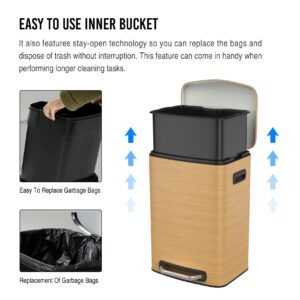 Stainless Steel Foot Pedal 13 Gallon Large Trash Can with Soft Close Quiet Lid, Stainless Steel Thickened Body Rectangular Garbage Can for Kitchen, Commercial, Home, Office Garbage Can - Wood Color