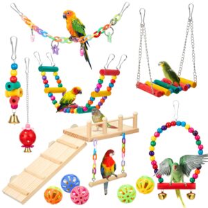 sonwyoung 12 pcs parrot swing toys and wooden bird perches platform with climbing ladder colorful chewing standing hanging parakeet toy bird cage accessories for budgerigar cockatiel conure love birds