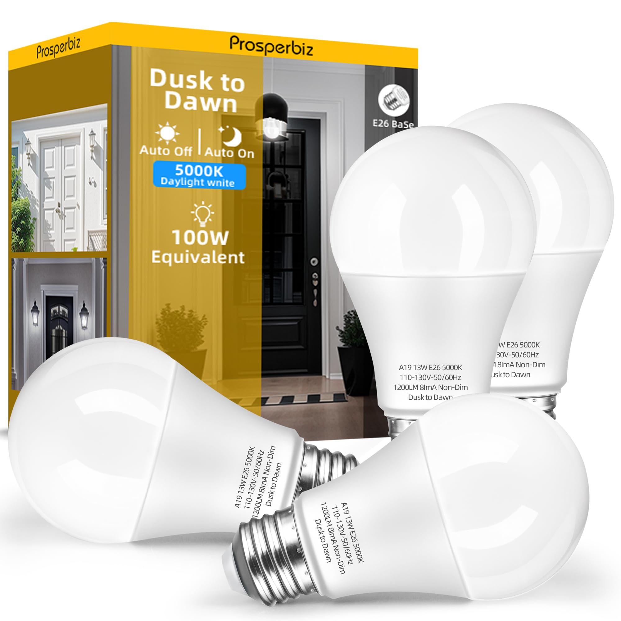 Dusk to Dawn LED Outdoor Light Bulb 100 Watt Equivalent, 13W Automatic On/Off Sensor Light Bulb Daylight 5000K, 1200LM, A19 Dusk to Dawn Light Bulbs for Porch Garage Outdoor Lighting, 4 Pack