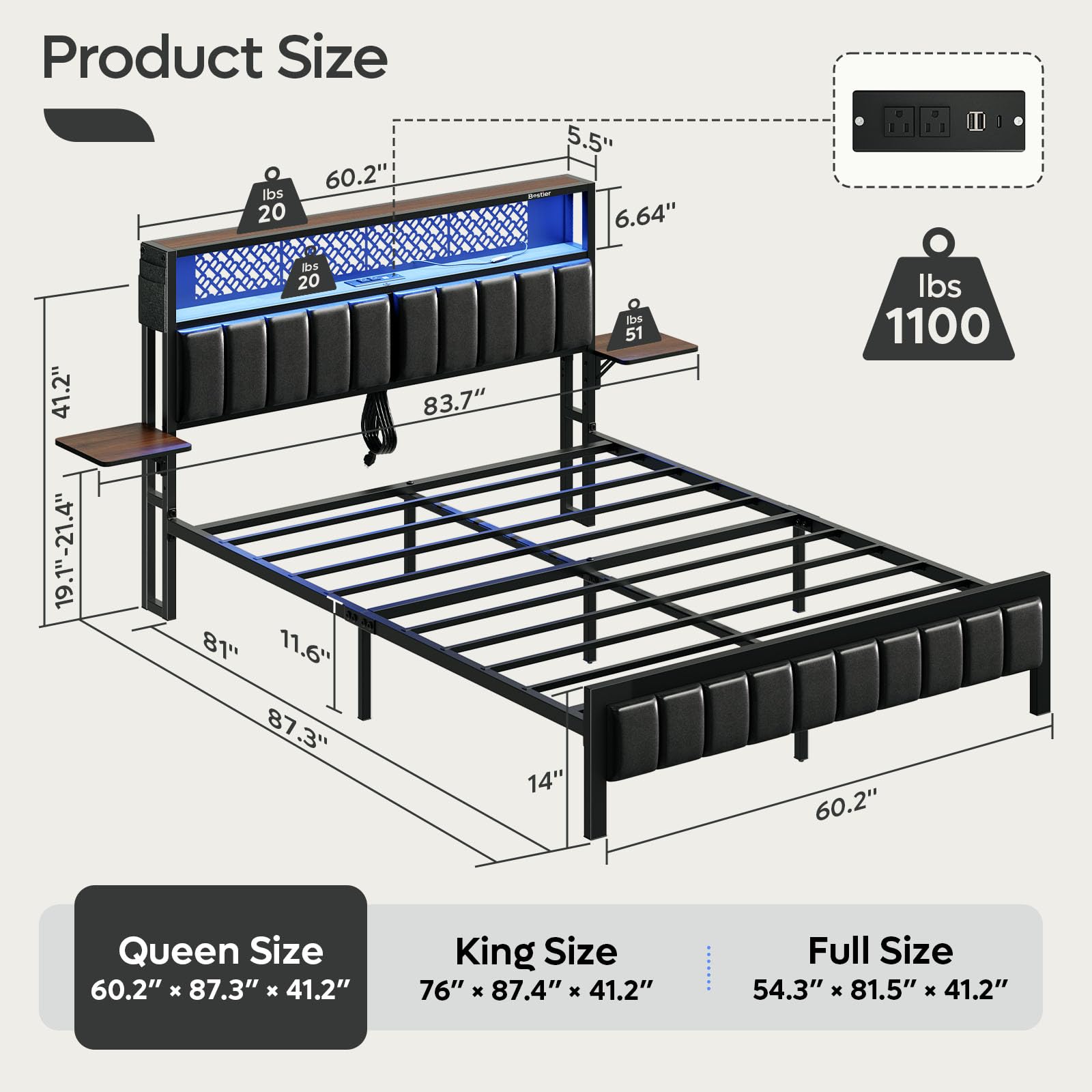 Bestier Queen Bed Frame with Upholstered Headboard and Charging Station, Foldable Bedside Shelves Storage, LED Metal Platform Bed, Easy Assembly, Black, Walnut