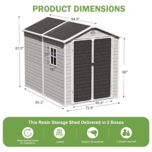 SELLERWE 8x6 FT Outdoor Storage Shed, Waterproof Thicker Resin Shed with Floor & Lockable Door & Window & Vents, Plastic Tool Shed for Backyard, Patio, Poolside, Lawn, All Weather Use, Gray