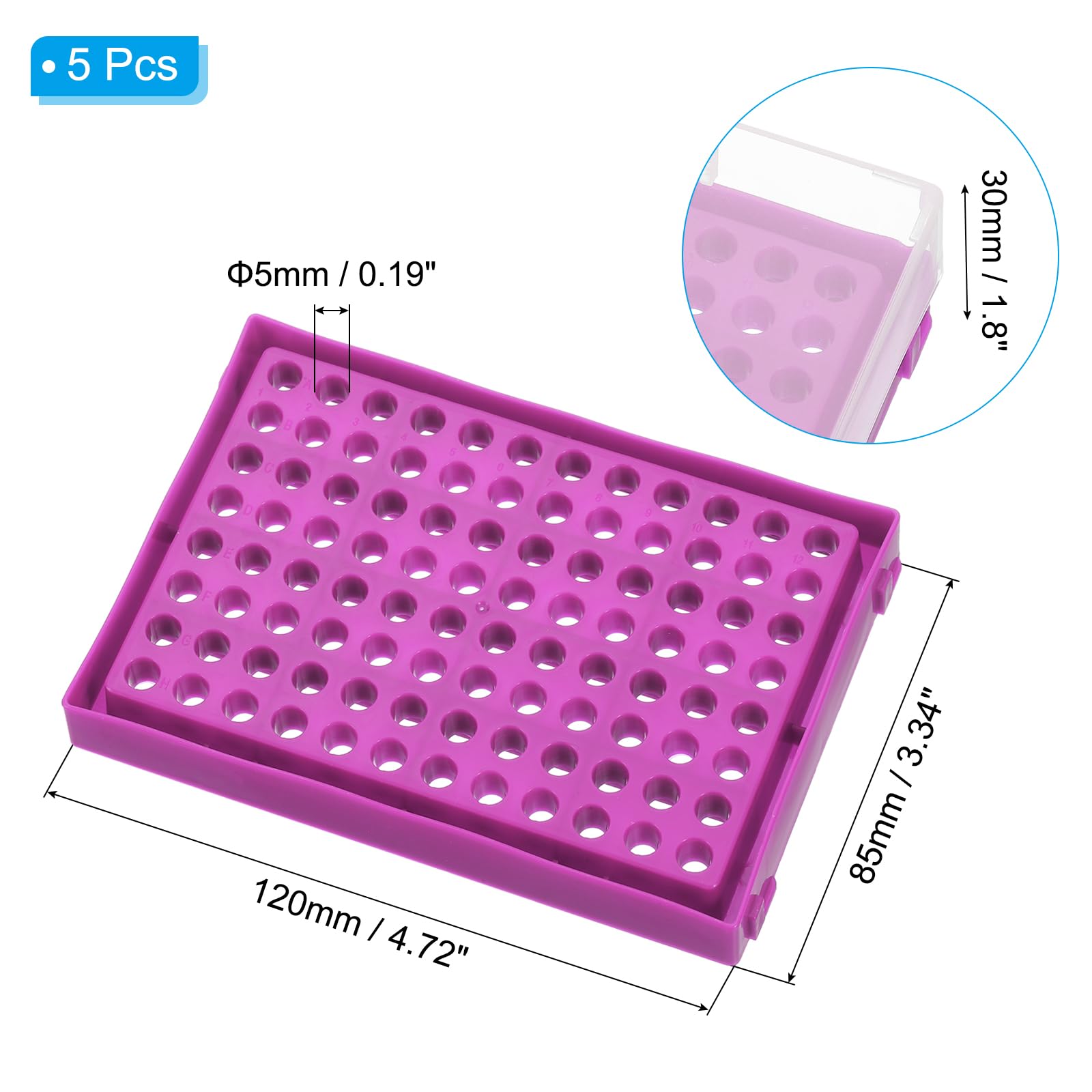 PATIKIL 96 Wells PCR Tube Rack for 0.2ml Test Strips Tubes, 5pcs Waterproof Tubes Filling Tray Centrifuge Tube Holder, Purple