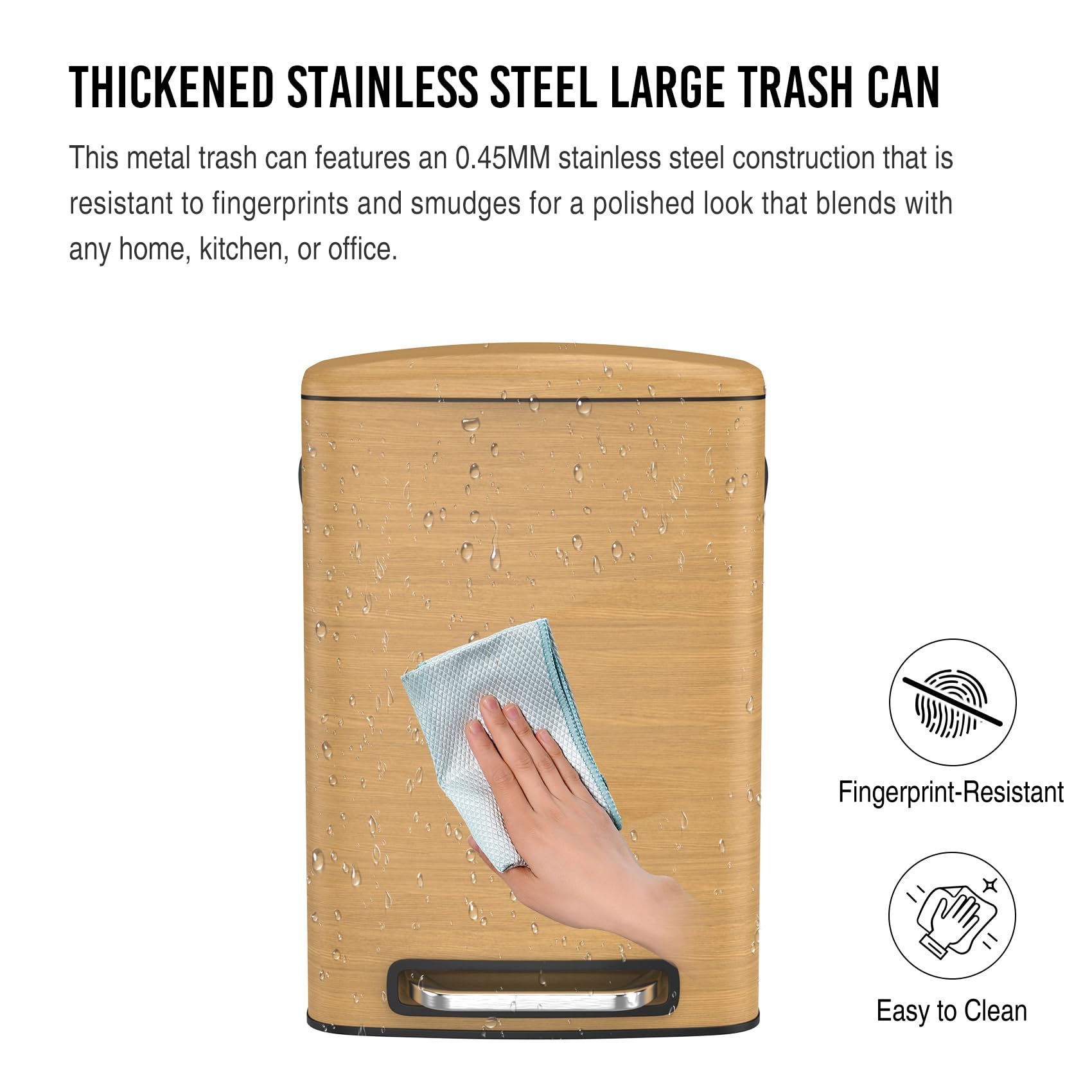 Stainless Steel Foot Pedal 13 Gallon Large Trash Can with Soft Close Quiet Lid, Stainless Steel Thickened Body Rectangular Garbage Can for Kitchen, Commercial, Home, Office Garbage Can - Wood Color