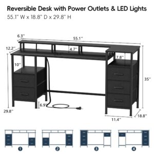 Korfile Computer Desk with Power Outlets & LED Lights, Reversible Gaming Desk with 5 Fabric Drawers for Bedroom, 55 Inch Home Office Desk with Monitor Stand & Storage Shelves for Working, Black