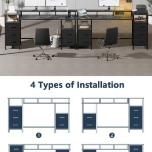 Korfile Computer Desk with Power Outlets & LED Lights, Reversible Gaming Desk with 5 Fabric Drawers for Bedroom, 55 Inch Home Office Desk with Monitor Stand & Storage Shelves for Working, Black