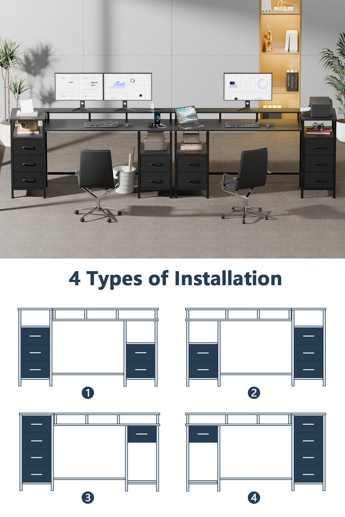 Korfile Computer Desk with Power Outlets & LED Lights, Reversible Gaming Desk with 5 Fabric Drawers for Bedroom, 55 Inch Home Office Desk with Monitor Stand & Storage Shelves for Working, Black