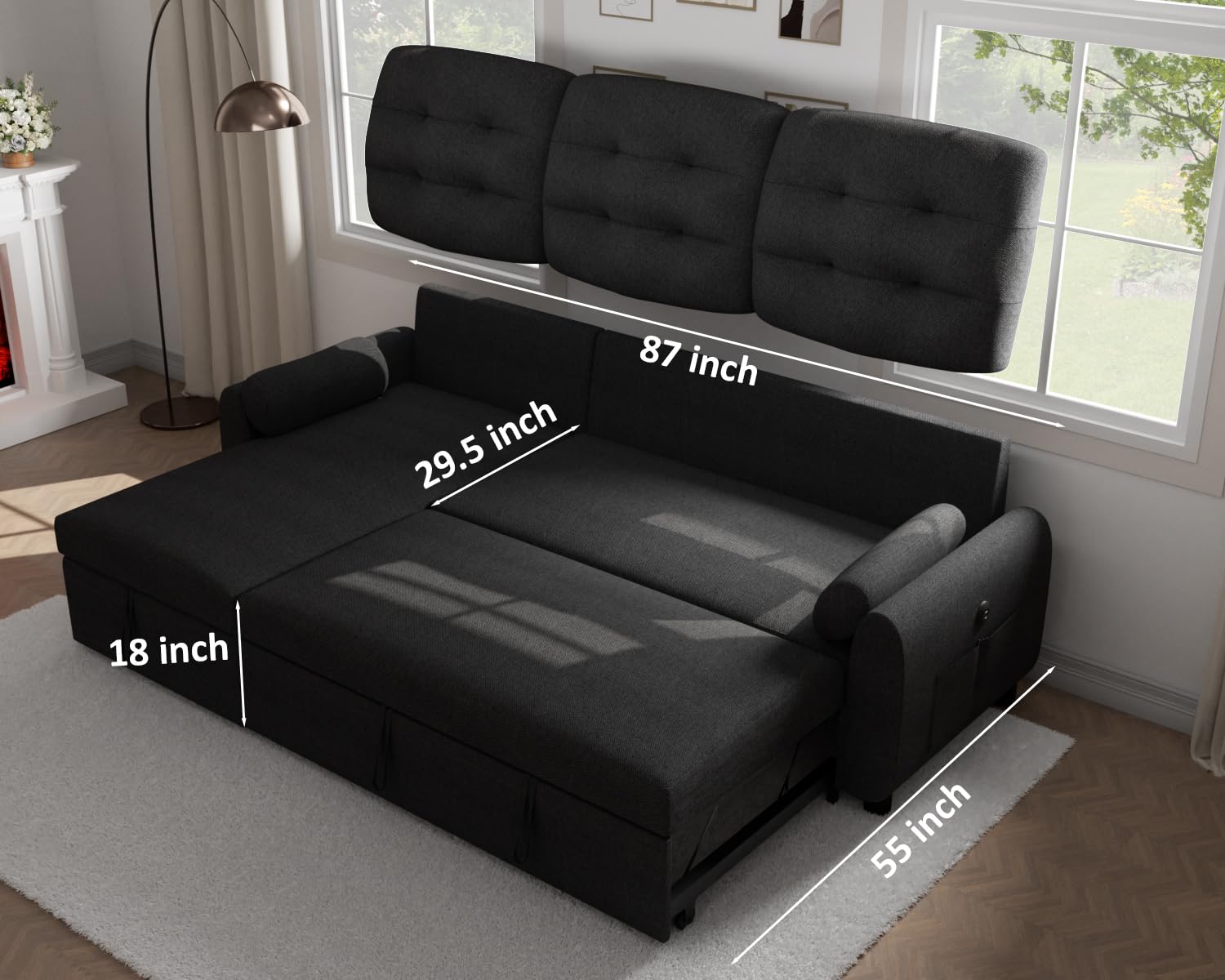 Ucloveria Sectional Sofa Couch, 87" Sleeper Sofa Bed with Reversible Storage Chaise Pull Out Couch for Living Room | Side Pocket | Charging Station | Removable Backrest | Linen Fabric, Black