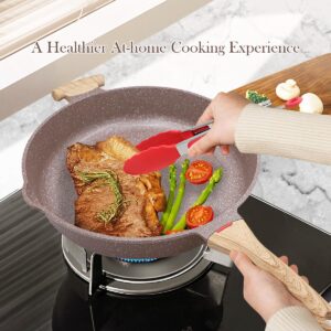 AIKENBBKK 2-In-1 Ceramic Nonstick Deep Frying Pan Skillet, 12.5 Inch Saute Pan with Lid Non Toxic, PTFE & PFOA Free, Compatible with All Stovetops- Brown