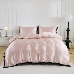 Pink Satin Duvet Cover Set Extra Comfy Silky Bedding Set Black Fringe Elegant Design Soft Smooth Luxury Silk Like Satin Queen Duvet Cover Set