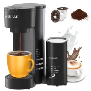 aikami single serve coffee maker for k cup & ground coffee with milk frother, 6 to 14 oz brew sizes, auto-off coffee machine with water reservoir