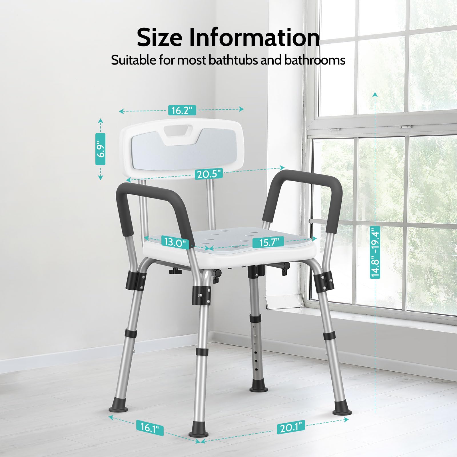 Kicimpro HSA/FSA Eligible Shower Chair for Elderly and Disabled, 385LB Heavy Duty Shower Chair for Inside Shower, 6 Adjustable Height for 5'1"-6'4" User, Shower Seat with EVA Pad, 10 mins installation