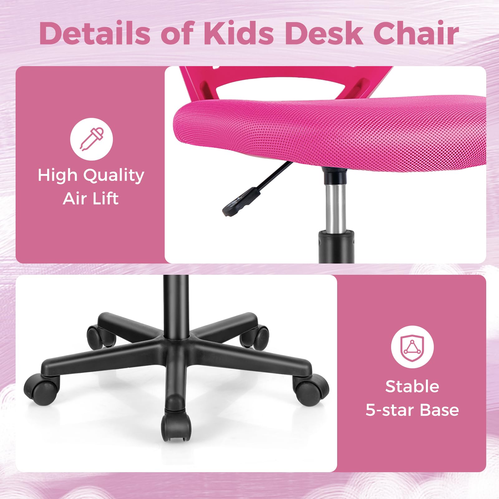 COSTWAY Height-Adjustable Ergonomic Kids Desk Chair, Swivel Armless Task Chair w/Universal Casters, Children Study Chair, Kids Mesh Computer Chair for Teens, Home, Office (Pink)