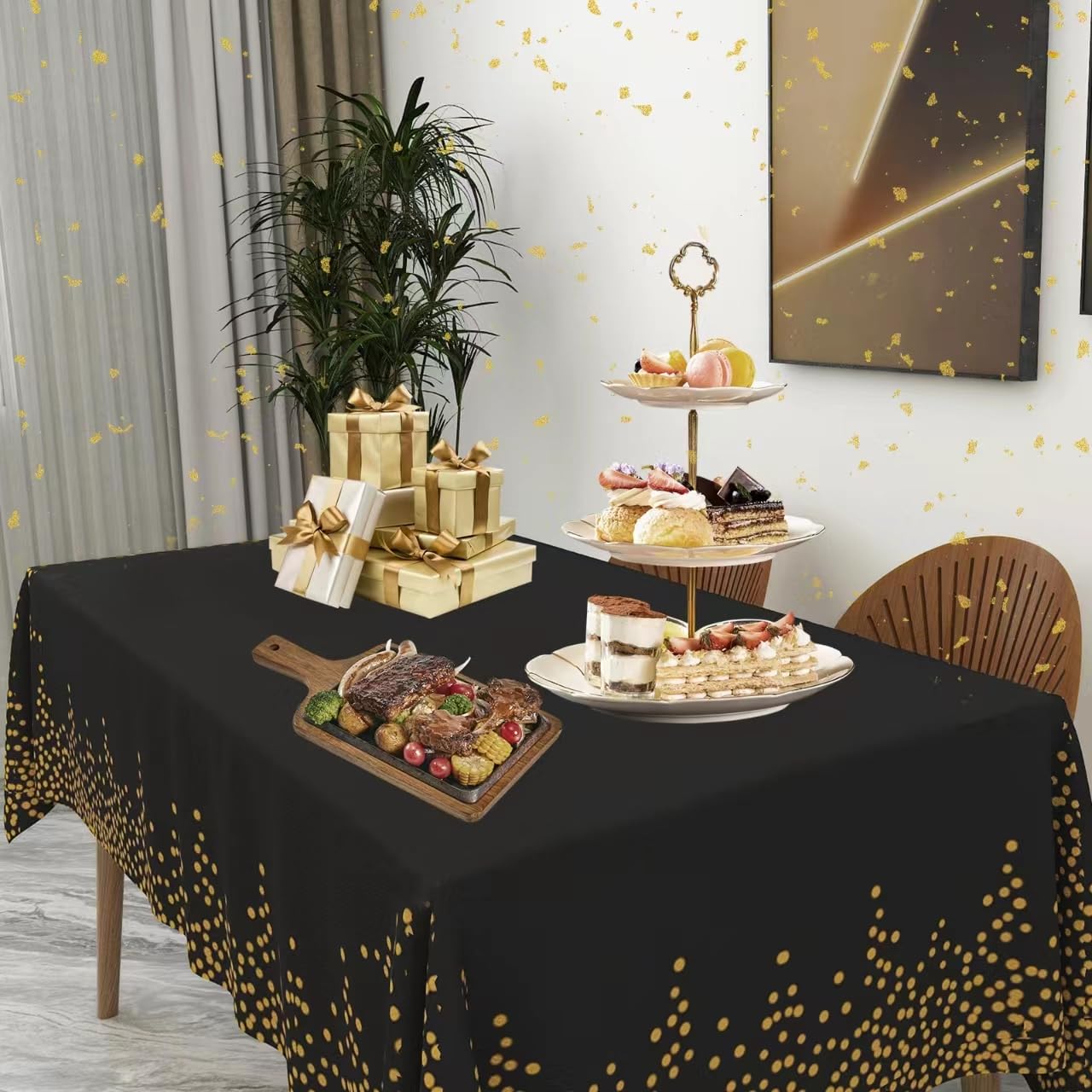 ZJDHPTY 3Pack Plastic Table Cloth Disposable for Rectangle Tables, Table Cover Black and Gold Party Decorations for Birthday Graduation Retirement New Year Size 54x108 Inch (Black+Gold Dot)