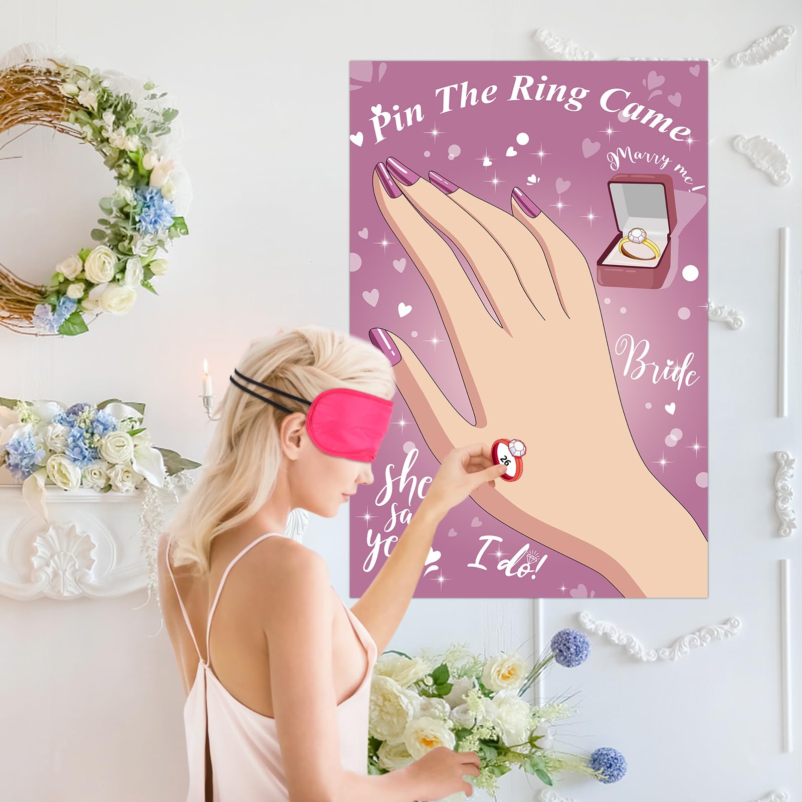 Pin The Ring on The Bride Game Bridal Shower Games, Large Bridal Games Poster with 48 Stickers for Wedding Shower Bachelorette Party Games Girls Night Engagement Bachelorette Party Decorations