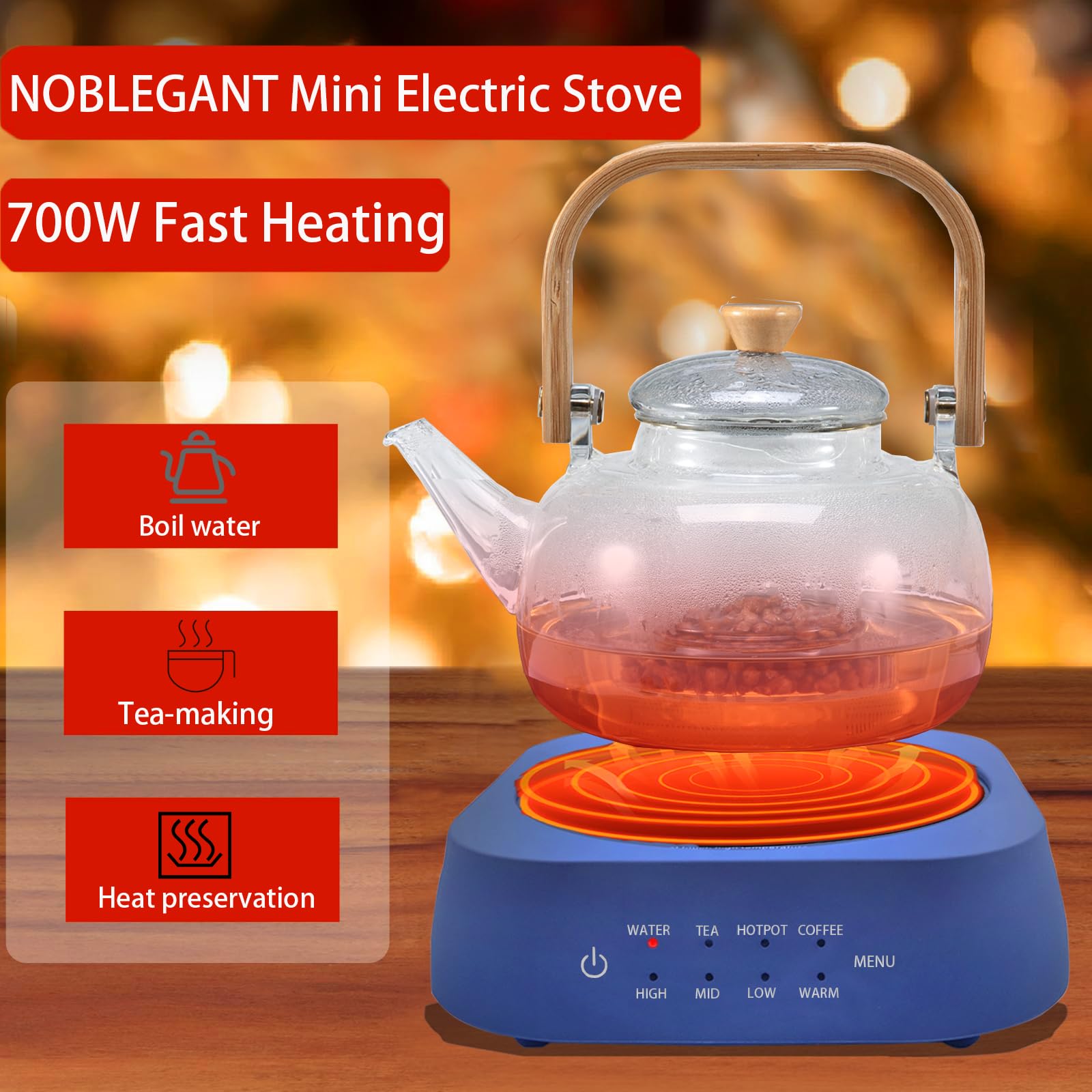 Mini stove electric 700W,small hot plate,countertop burner electric,portable Cooktop,Intelligent Auto-Off Feature,For Tea Enthusiasts,Tea party,Gift