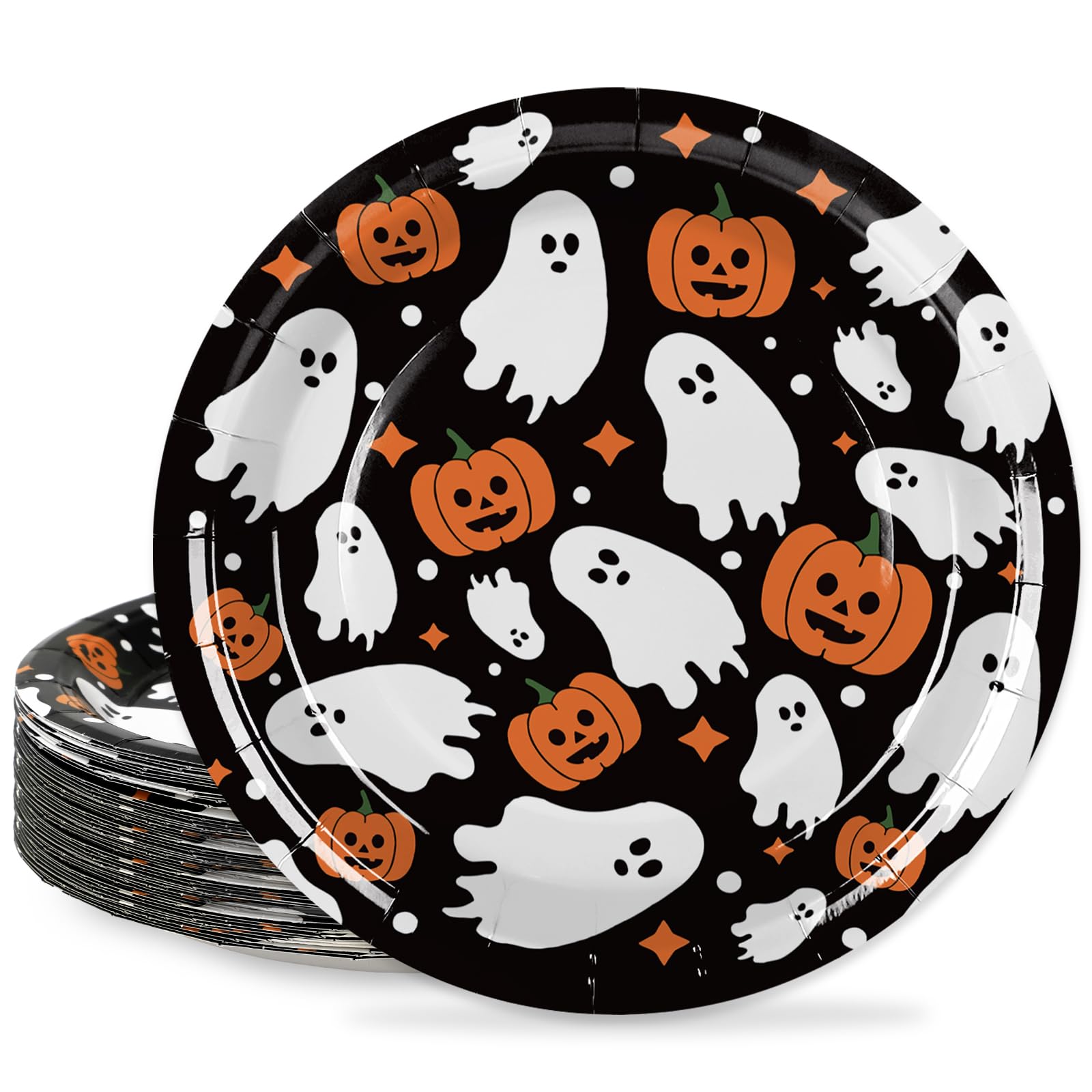 Generic AnyDesign 24Pcs Halloween Paper Plates Cute Ghost Pumpkin Disposable Plates 9 Inch Black Decorative Dinner Dessert Plates for Party Tableware Supplies