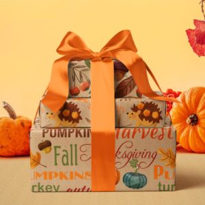 WRAPAHOLIC Kraft Fall Wrapping Paper - Mini Roll - 3 Rolls - 17 Inch x 120 Inch - Pumpkin, Hedgehog and Thanksgiving Lettering Design for Thanksgiving, Autumn, Party, Holiday