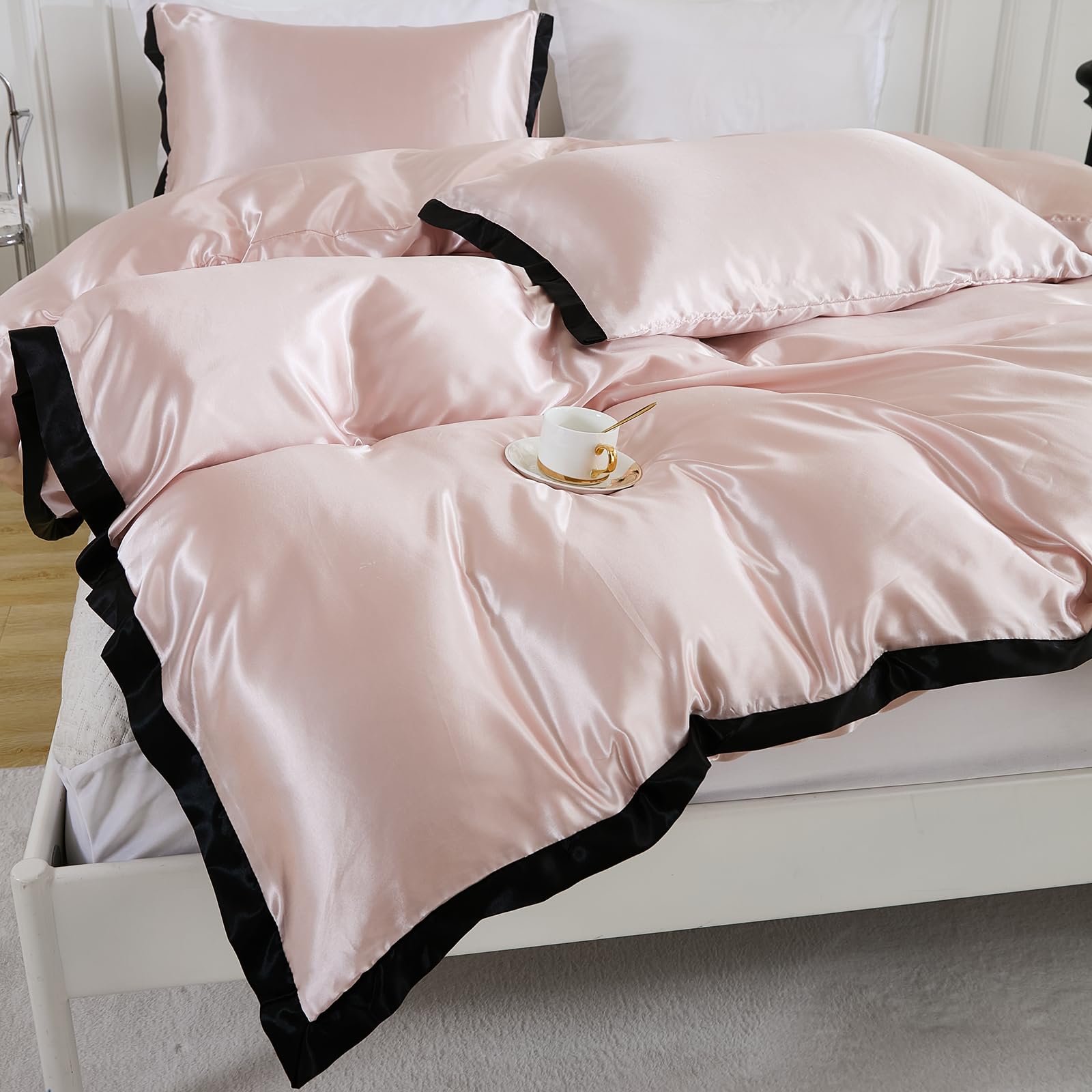 Pink Satin Duvet Cover Set Extra Comfy Silky Bedding Set Black Fringe Elegant Design Soft Smooth Luxury Silk Like Satin Queen Duvet Cover Set