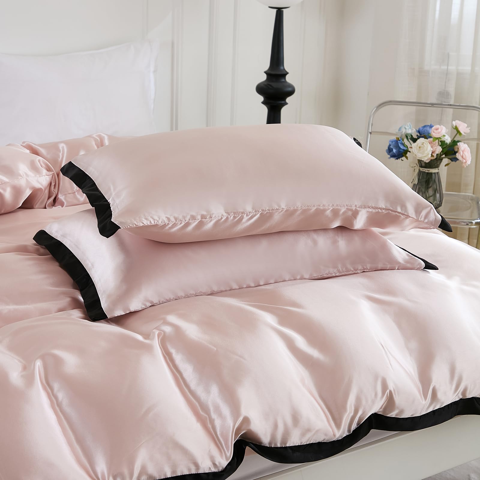 Pink Satin Duvet Cover Set Extra Comfy Silky Bedding Set Black Fringe Elegant Design Soft Smooth Luxury Silk Like Satin Queen Duvet Cover Set