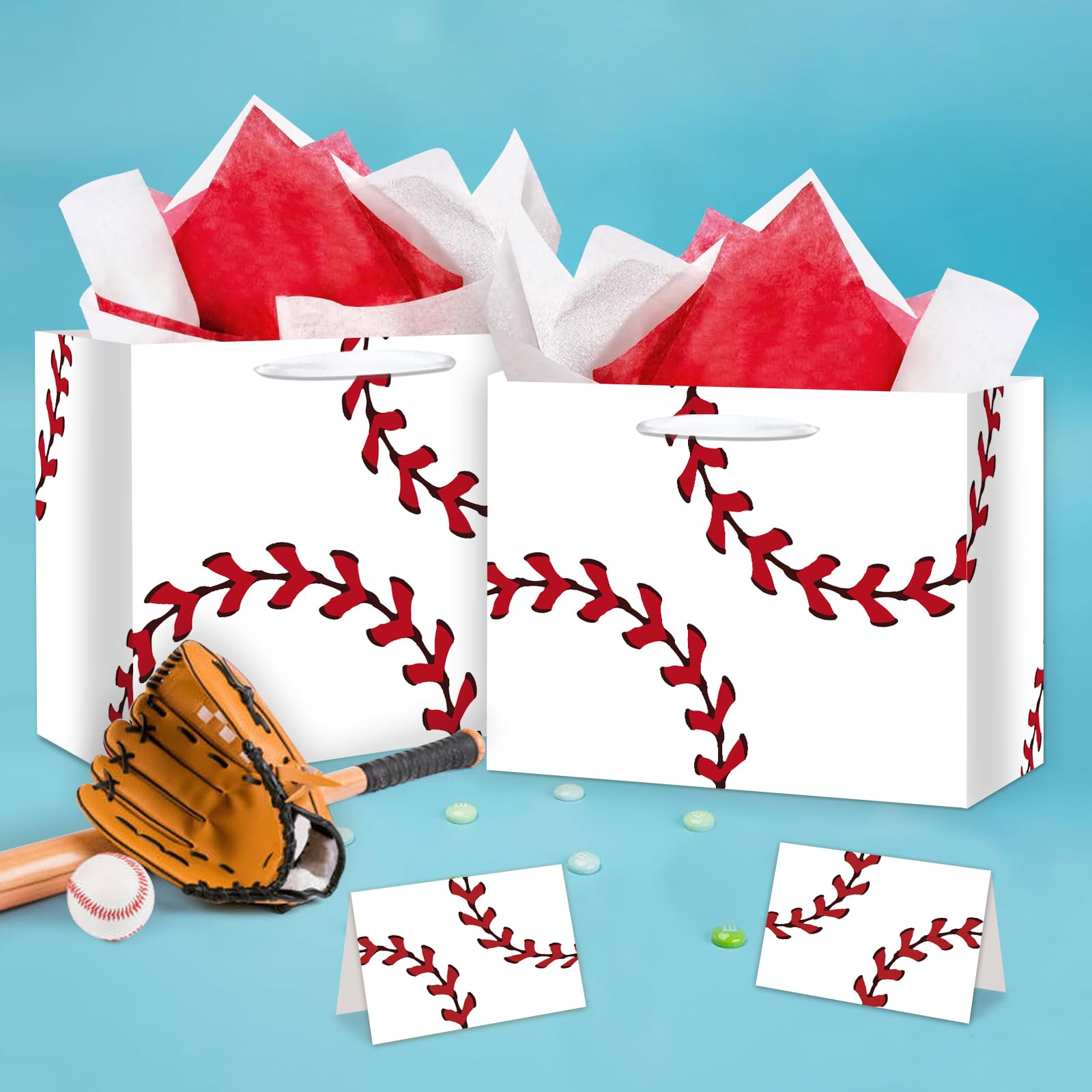 Jiaoiudi Baseball Party Bags with Tissue Paper Greeting Card Baseball Gift Bags Large with Handles Baseball Goodie Bags