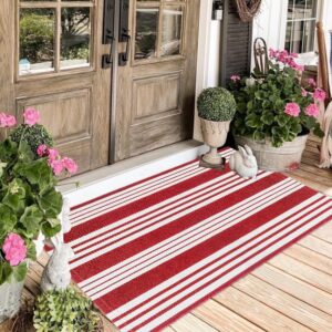 Striped Outdoor Rug for Porch 24"x51" Red and White Front Porch Rug Layered Doormat Cotton Woven Washable Throw Carpet for Hallway/Front Steps/Bathroom/Kitchen/Home Entrance