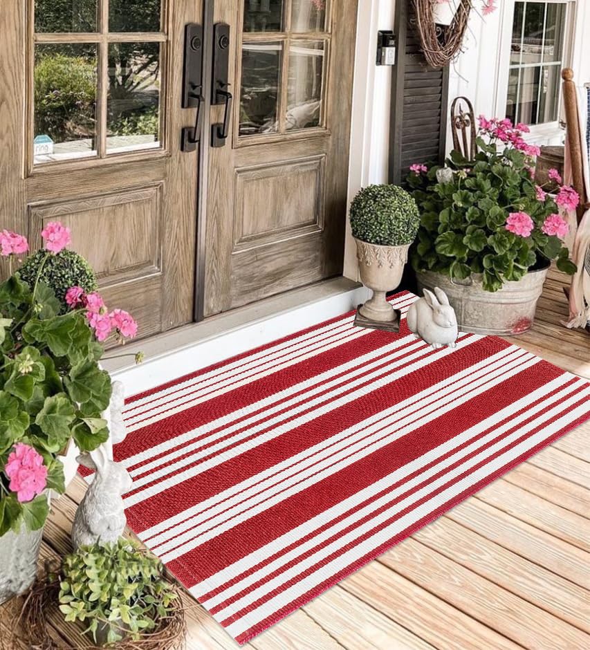 Striped Outdoor Rug for Porch 24"x51" Red and White Front Porch Rug Layered Doormat Cotton Woven Washable Throw Carpet for Hallway/Front Steps/Bathroom/Kitchen/Home Entrance